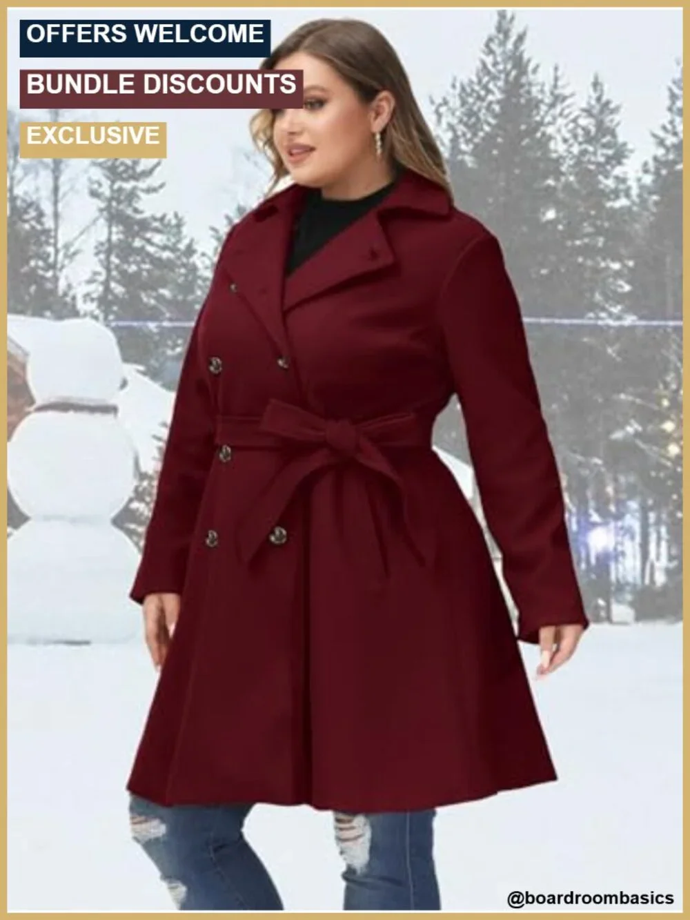 Plus Size Double Breasted Wool Blend Winter Peacoat with Belt